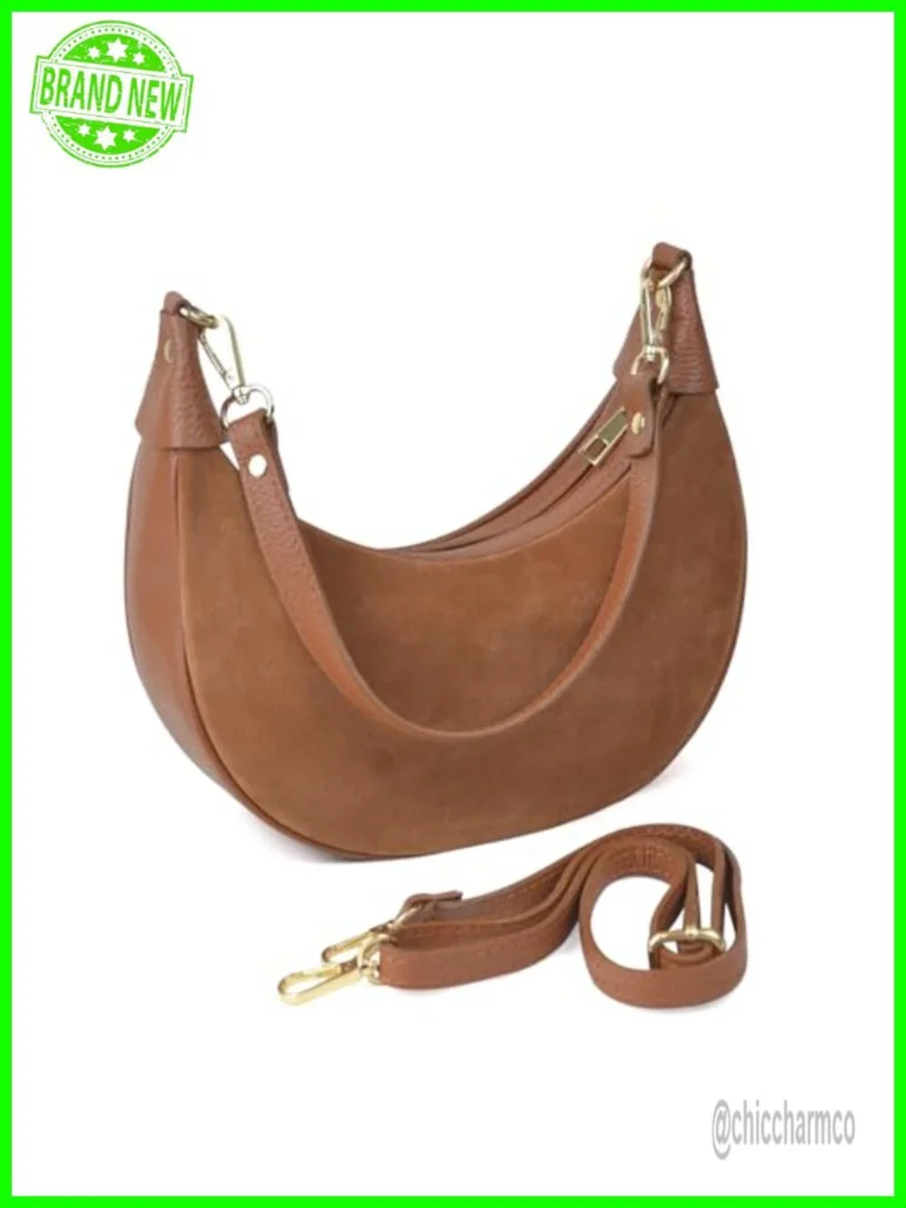 Genuine Leather Crescent Hobo Bag with 2 Straps Convertible Crossbody Purse